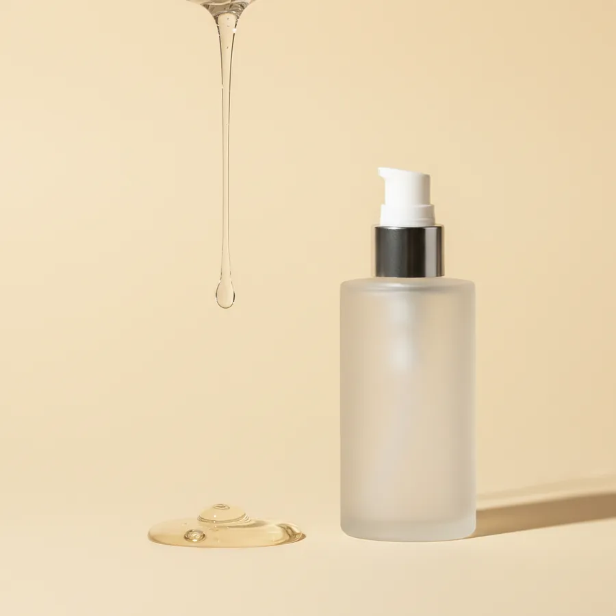 Frasco doseador fosco e um fio de gel transparente sobre fundo creme
