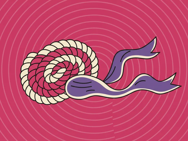 Ilustração plana de uma corda enrolada e de uma fita de cetim sobre fundo rosa