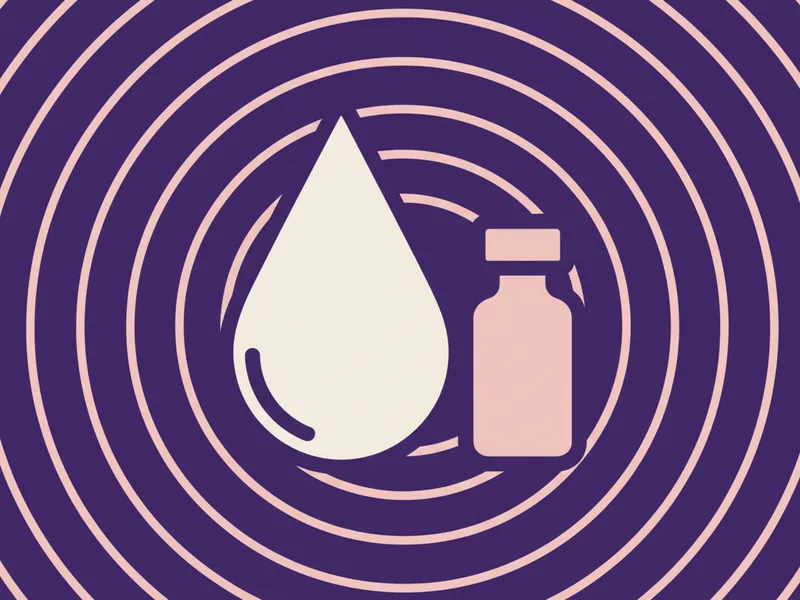 Ilustração plana de uma gota e de um frasco pequeno sobre fundo violeta