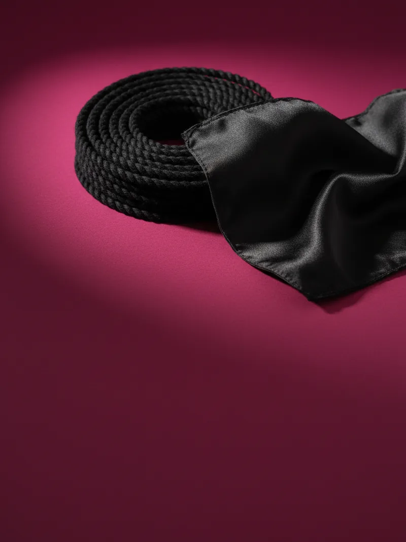 Corda preta enrolada e venda de cetim sobre fundo magenta