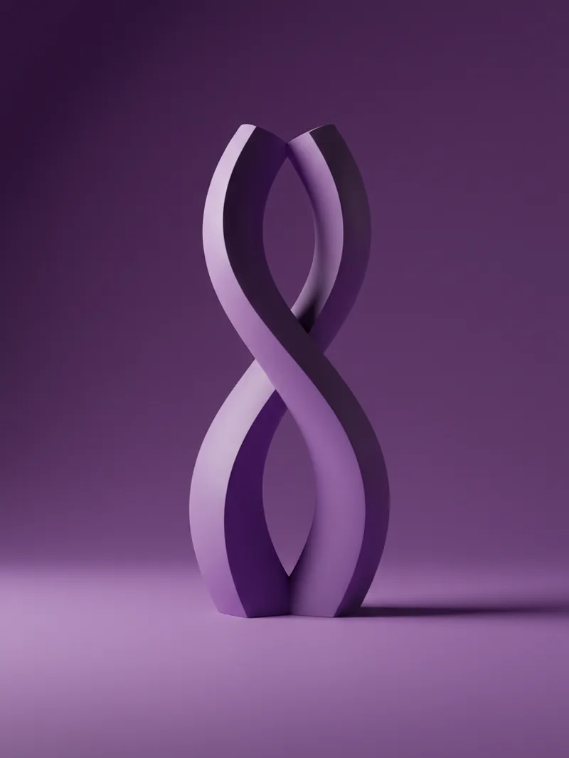 Escultura curva violeta mate sobre fundo roxo saturado